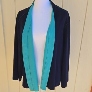 Susan Graver Navy and Teal Open Front Blazer